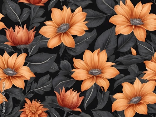 Wallpaper Mural Seamless floral pattern, bright orange floral pattern contrasting with dark gray leaves on a black background. Create a luxurious and mysterious atmosphere. Suitable for decorating various designs. Torontodigital.ca