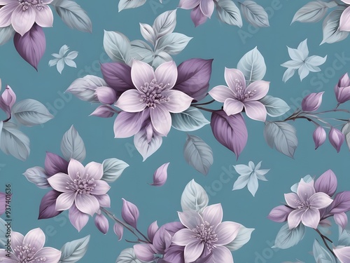 Seamless pattern, purple flowers and light blue leaves beautifully arranged on a sea blue background. Create a bright and relaxed feeling.