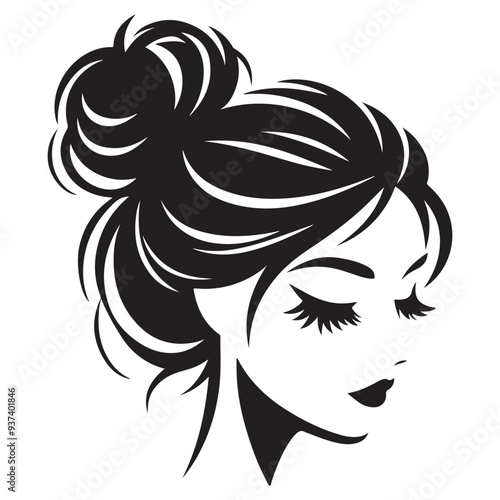 Messy hair bun, vector woman silhouette. Beautiful girl drawing illustration