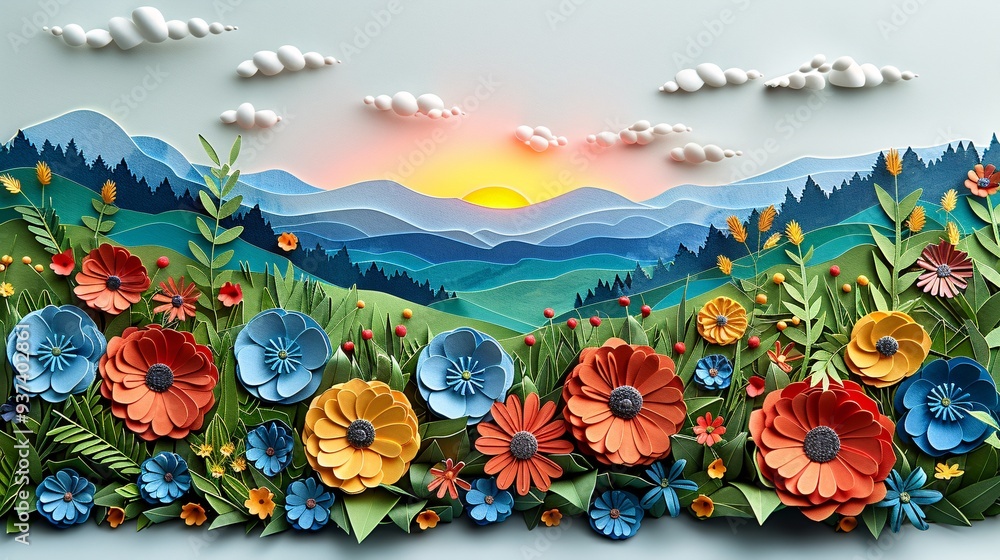 Tranquil Summer Paper-Cut Landscape with Blue Skies and Colorful Flowers Tranquil Summer Paper-Cut Landscape with Blue Skies and Colorful Flowers