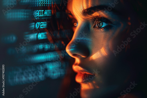 A woman's face is shown in a computer screen with a lot of numbers and letters. The image has a futuristic and technological vibe, with the woman's face being the main focus