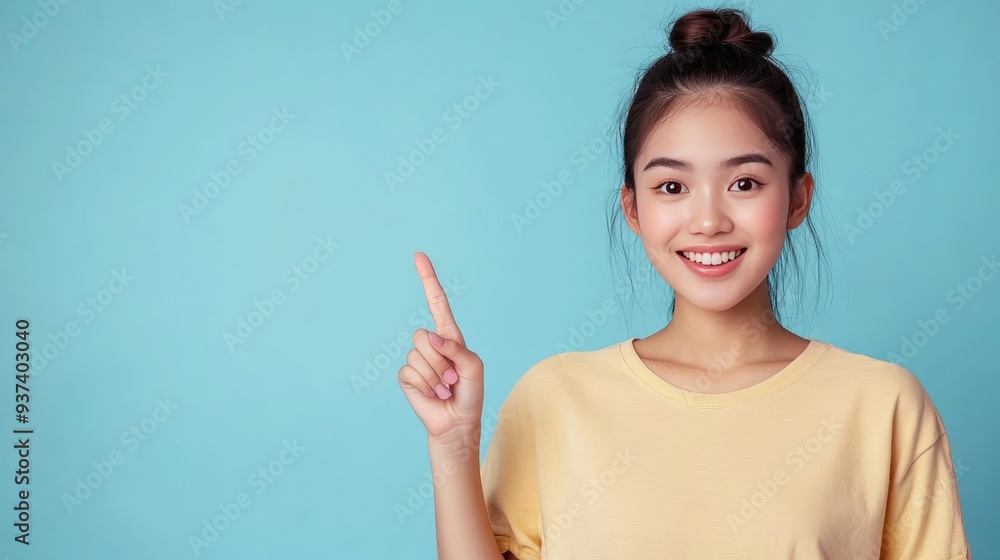 Cheerful Asian Woman Indicating Blank Space with Both Fingers Cheerful Asian Woman Indicating Blank Space with Both Fingers