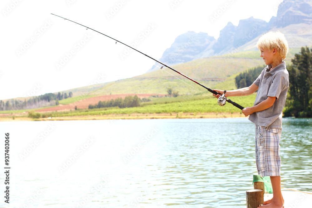 Relax, boy and fishing by lake for learning, vacation and travel in summer with gear on dock by water. Kid, fun and catch fish in nature for adventure, holiday and development while camping with line Relax, boy and fishing by lake for learning, vacation and travel in summer with gear on dock by water. Kid, fun and catch fish in nature for adventure, holiday and development while camping with line