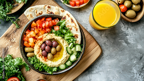 healthy Mediterranean breakfast spread featuring pita bread, hummus, olives, and a salad of fresh vegetables, served with a glass of freshly squeezed juice