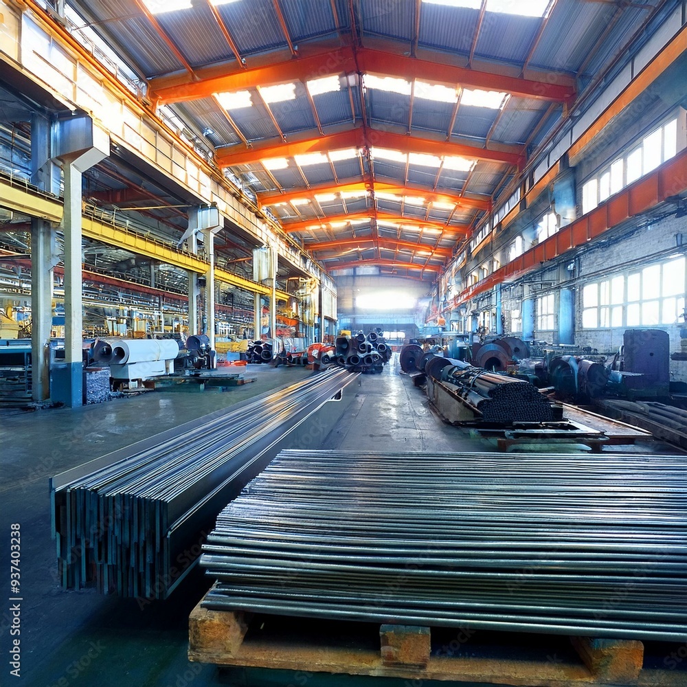 Naklejka premium factory producing rolled steel, AI generated