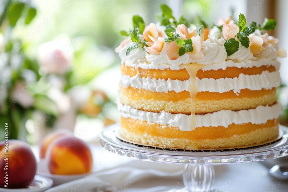 Elegant Peach Layer Cake with Floral and Mint Garnish Elegant Peach Layer Cake with Floral and Mint Garnish