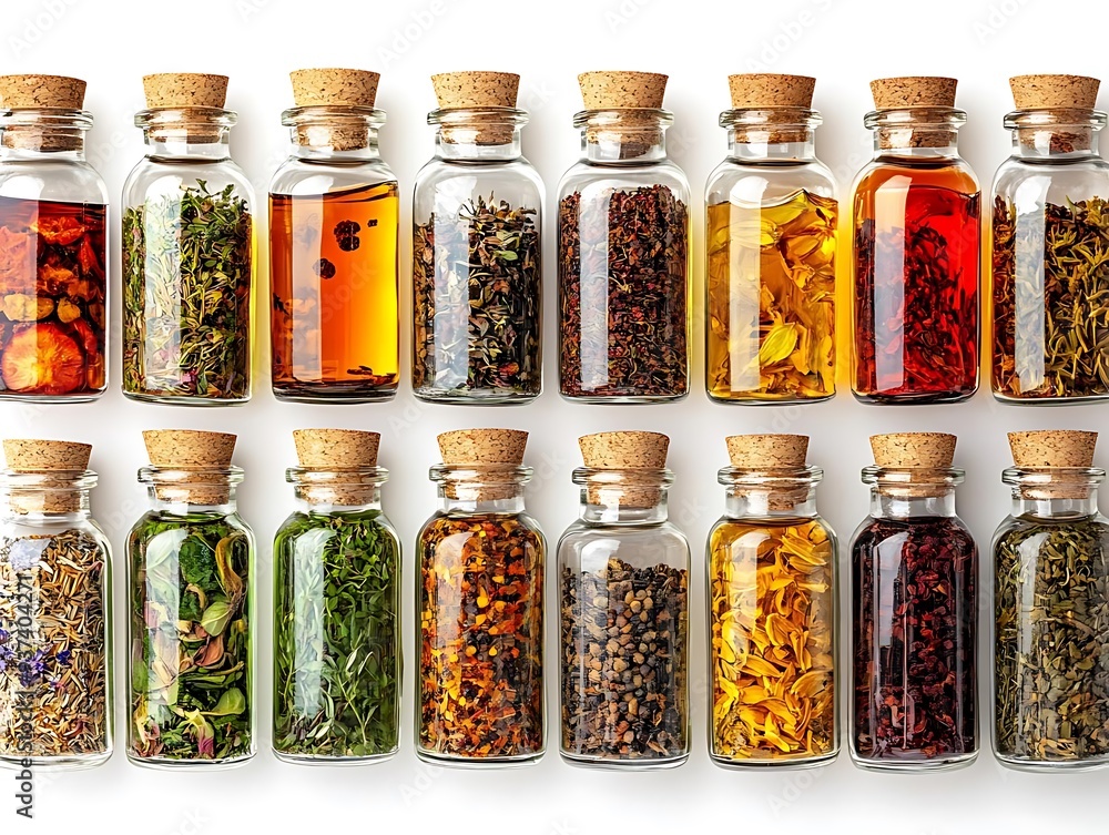 Collection of Glass Bottles Filled with Herbs, Spices, and Flowers - Realistic Image Collection of Glass Bottles Filled with Herbs, Spices, and Flowers - Realistic Image