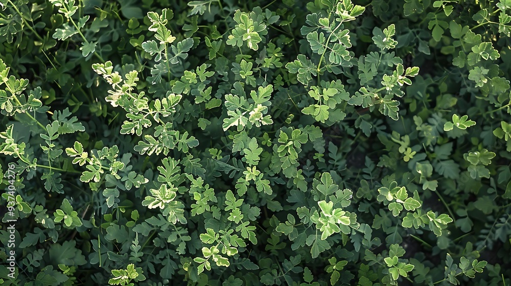 Aerial view of lush green foliage with various leaf shapes and textures. Aerial view of lush green foliage with various leaf shapes and textures.