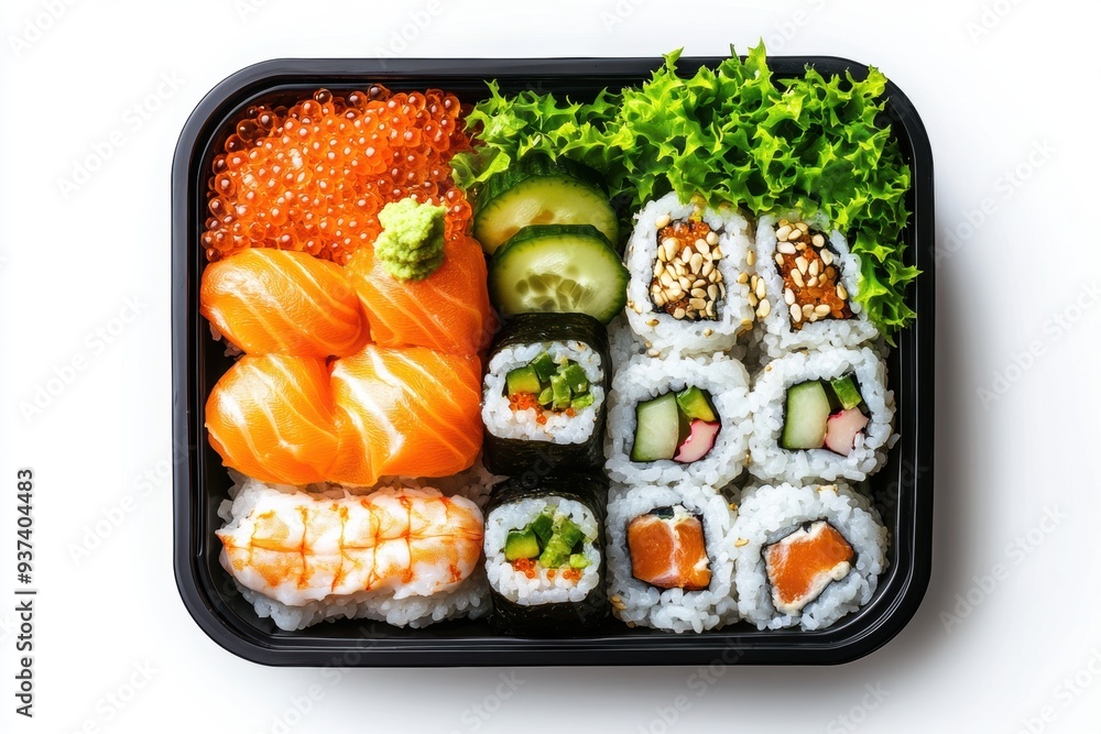 bento box featuring sushi, rice, and pickled ginger bento box featuring sushi, rice, and pickled ginger