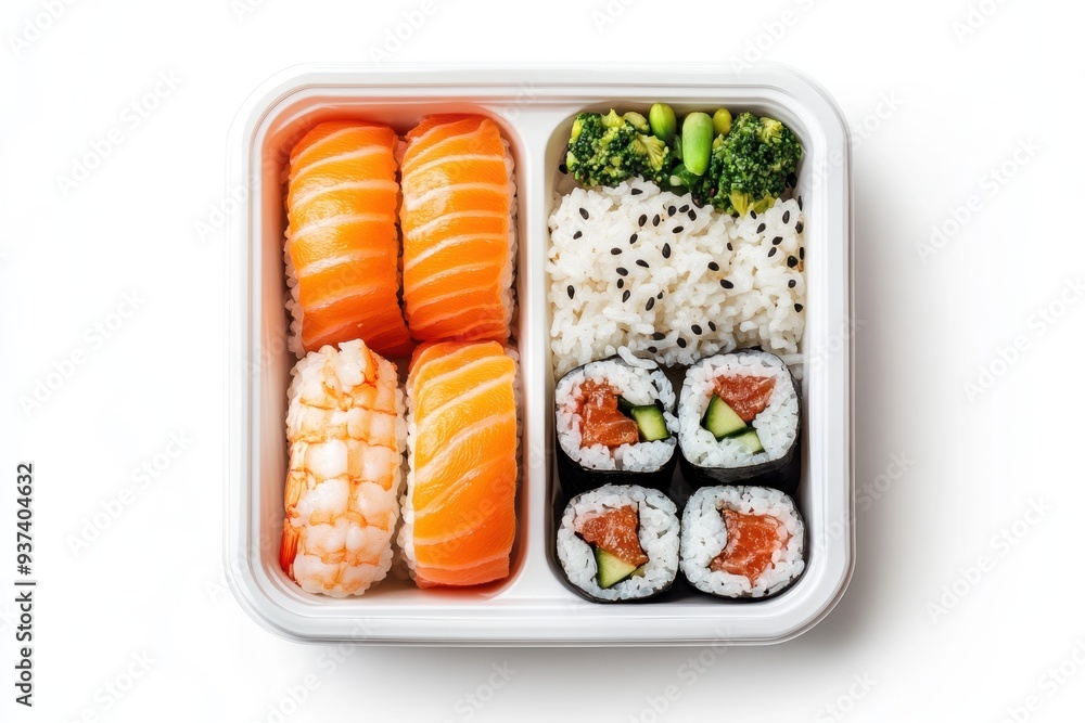 bento box featuring sushi, rice, and pickled ginger bento box featuring sushi, rice, and pickled ginger