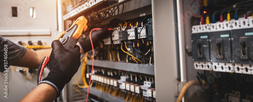 Obraz na płótnie Electrician use electrical measuring tool meter checking circuit breaker power electricity switchboard cabinet for service maintenance and electric cable wiring check for safety concepts