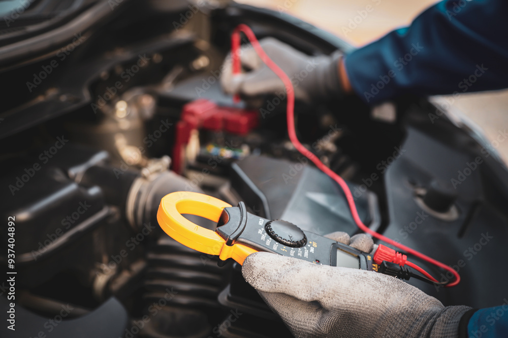 Close-up hand auto mechanic using meter to check car battery fail problem for service or change repairing and fix car and maintenance servicing. Close-up hand auto mechanic using meter to check car battery fail problem for service or change repairing and fix car and maintenance servicing.