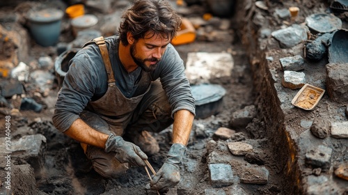 Male archaeologist excavating ancient site ruins using brushes and tools during daytime exploration