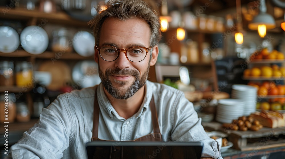 A smiling man with glasses and a beard, wearing an apron, sitting at a cafe. He holds a tablet and is surrounded by a warm, inviting atmosphere with shelves of food and drinks in the background. A smiling man with glasses and a beard, wearing an apron, sitting at a cafe. He holds a tablet and is surrounded by a warm, inviting atmosphere with shelves of food and drinks in the background.