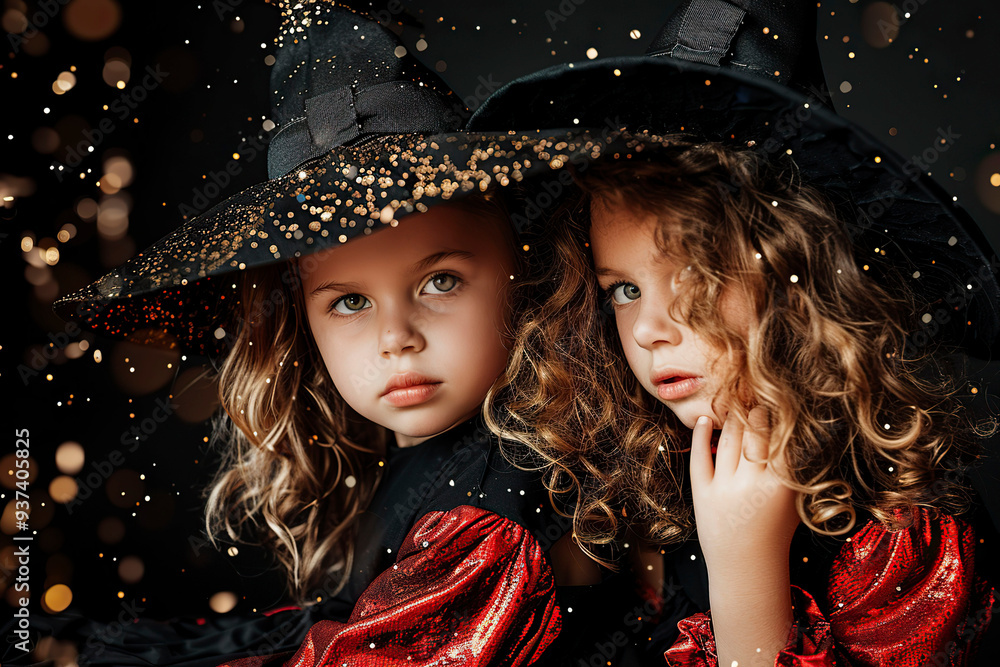 Fototapeta premium Two little girls in halloween costumes and witch hats on black background.