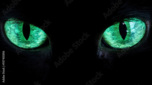 Green eyes of a black cat. Close-up.