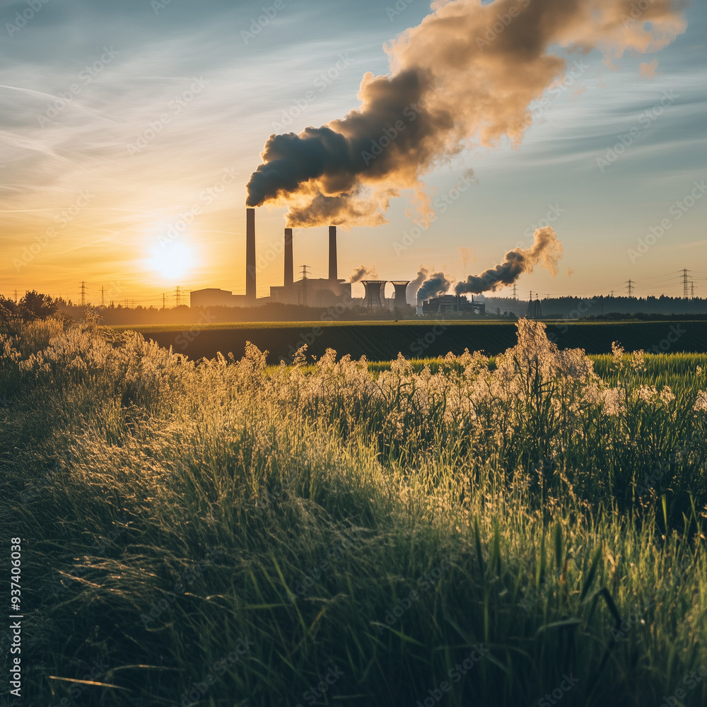 Fototapeta premium A large industrial factory was emitting black smoke from several chimneys against an orange sky as the sun set. The background is a lush green forest. This image represents the environmental problems 