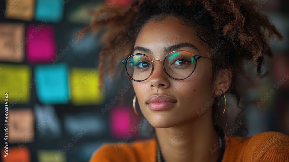 Young woman brainstorming creative ideas in advertising office with colorful sticky notes. Young woman brainstorming creative ideas in advertising office with colorful sticky notes.
