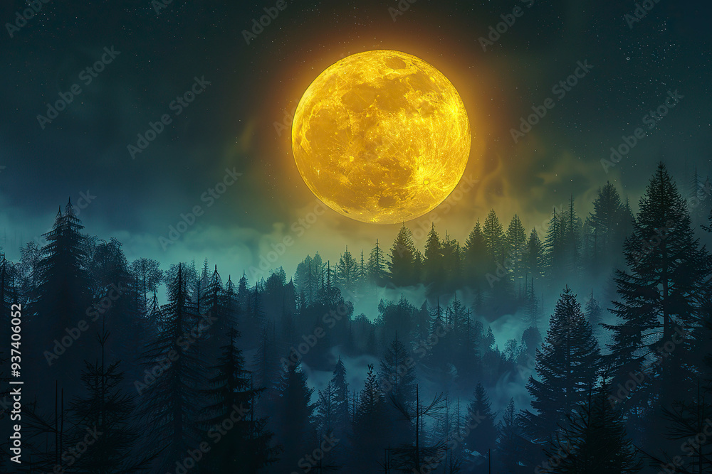 Fototapeta premium Full moon in the night sky over the forest.