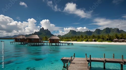 Luxury overwater villas on blue lagoon, white sandy beach and Otemanu mountain at Bora Bora island, Tahiti, French Polynesia. generative.ai
