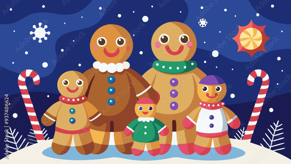 Gingerbread Family in the Snow with Candies and Snowflakes. Perfect for: Christmas, Holiday cards, Winter festivals, Children’s events Gingerbread Family in the Snow with Candies and Snowflakes. Perfect for: Christmas, Holiday cards, Winter festivals, Children’s events