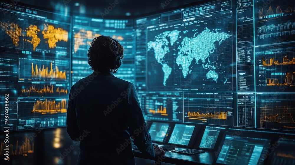 Demographer analyzing global population data in research center with digital maps and charts Demographer analyzing global population data in research center with digital maps and charts