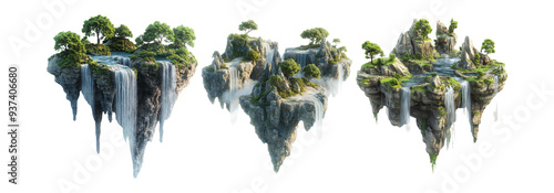 Floating islands with waterfalls set isolated on transparent background, fantasy islands for decoration and imagination