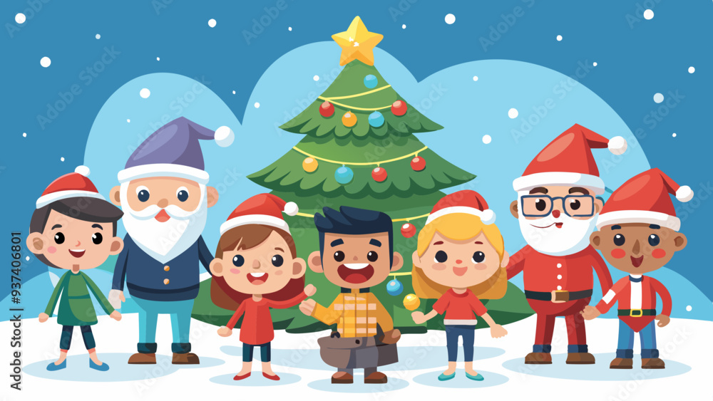 Cartoon Characters in Santa Hats Around Christmas Tree. Perfect for: Christmas, Holiday parties, Children's events, Family gatherings Cartoon Characters in Santa Hats Around Christmas Tree. Perfect for: Christmas, Holiday parties, Children's events, Family gatherings