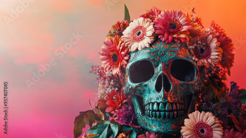 A skull with a flower crown on it. The skull is surrounded by a variety of flowers, including daisies and roses. Scene is whimsical and playful