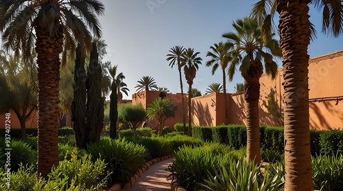 Green spaces and foliage in the urban parks of Marrakech, Morocco. Generative.AI
