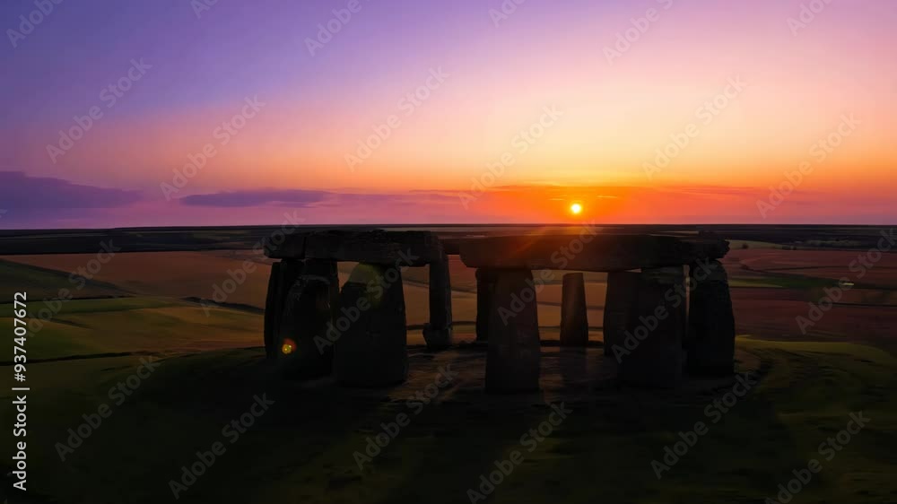 Sunset view of ancient stone circle at iconic historical site in England, capturing the beauty of the landscape and sky