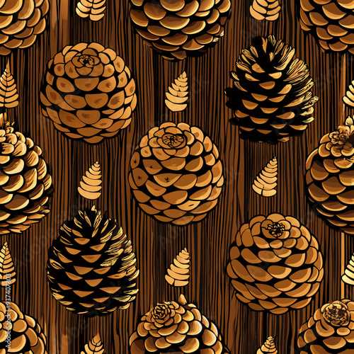 Seamless Pattern of Pinecones on Dark Wood Grain Background. Perfect for: Christmas, Holiday Season, Winter Celebrations