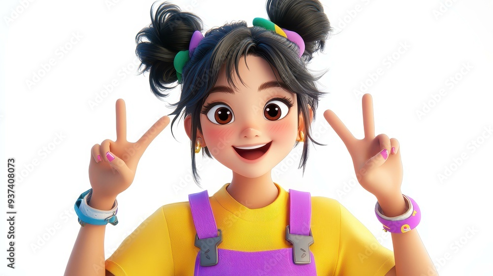 A colorful kawaii girl in trendy purple overalls and a yellow tee, joyfully striking a peace sign against a white backdrop. A colorful kawaii girl in trendy purple overalls and a yellow tee, joyfully striking a peace sign against a white backdrop.