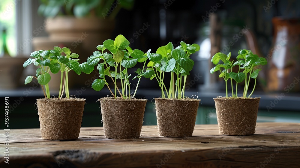 Four small potted plants with green leaves, arranged in a row on a wooden table. The pots are made of natural materials, showcasing the roots. A blurred kitchen background adds depth. Four small potted plants with green leaves, arranged in a row on a wooden table. The pots are made of natural materials, showcasing the roots. A blurred kitchen background adds depth.