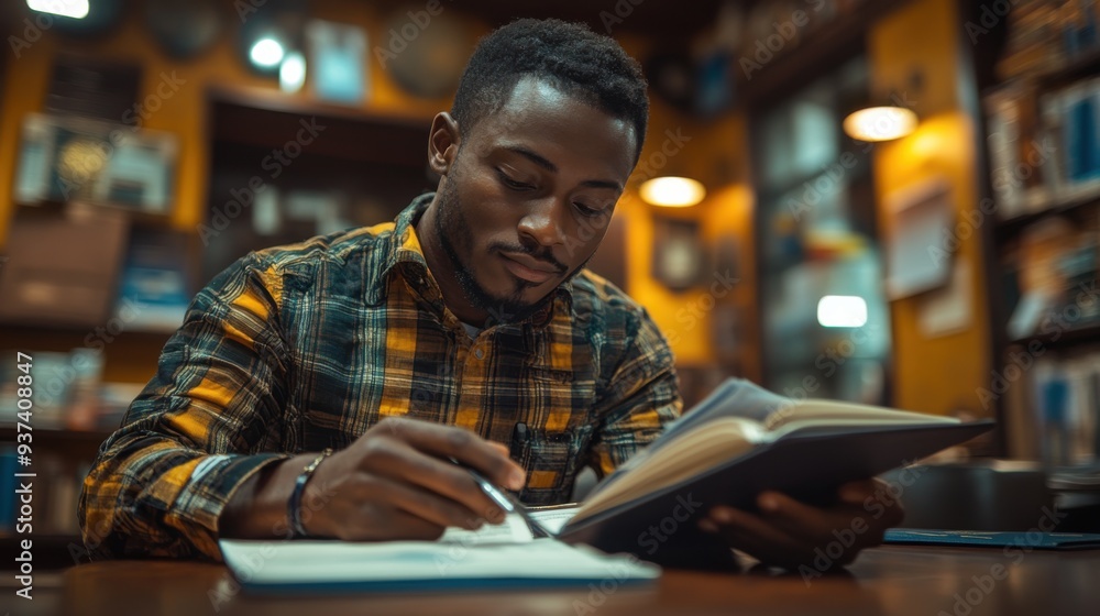 Black foreign service officer working at embassy desk handling passports indoors during daytime Black foreign service officer working at embassy desk handling passports indoors during daytime