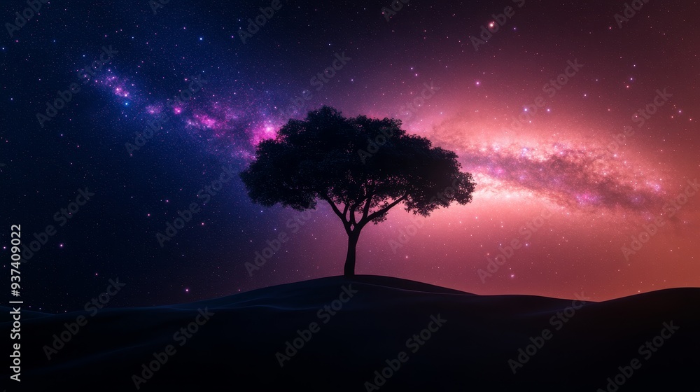 A tree silhouette in double exposure with a glittering galaxy, filled with bright star clusters and swirling nebulae A tree silhouette in double exposure with a glittering galaxy, filled with bright star clusters and swirling nebulae
