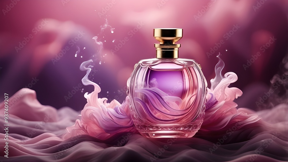 elegant glass or crystal perfume bottle with a background of smoke waves and a pink and purple theme, combining matte painting with digital 3D illustration elegant glass or crystal perfume bottle with a background of smoke waves and a pink and purple theme, combining matte painting with digital 3D illustration