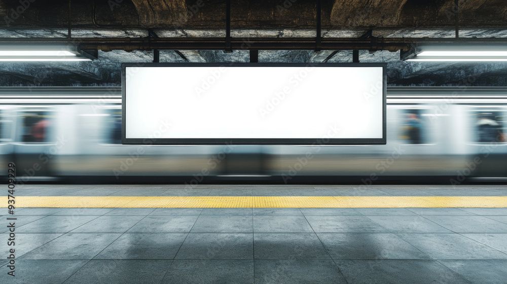 A train is passing by a white billboard. The billboard is empty and the train is moving quickly A train is passing by a white billboard. The billboard is empty and the train is moving quickly