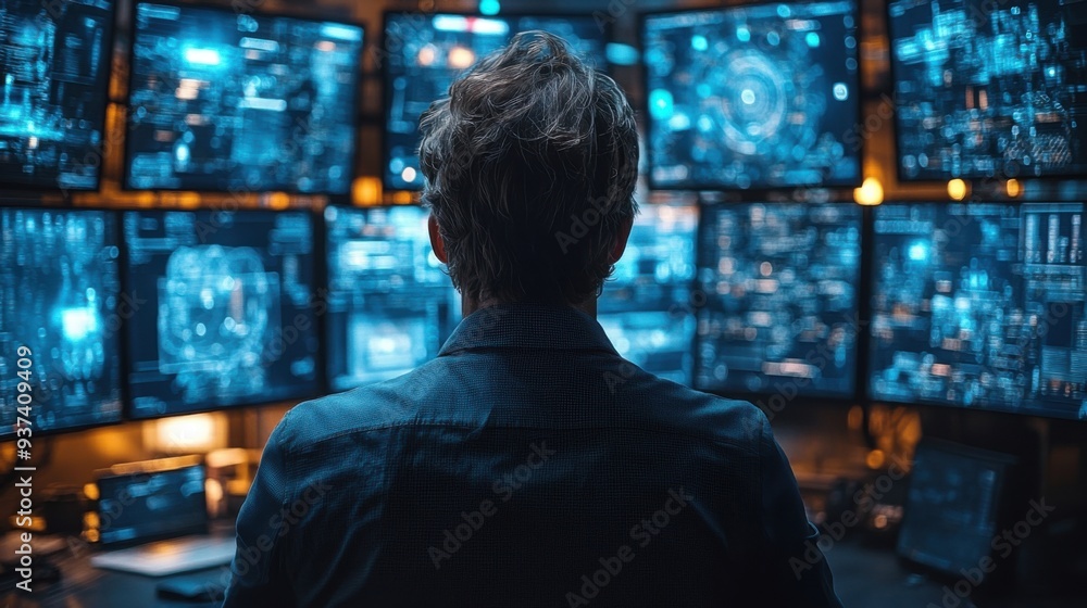 Intelligence analyst examining security threats on multiple screens in a secure government office Intelligence analyst examining security threats on multiple screens in a secure government office
