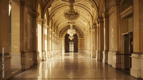 A dimly lit hallway with columns and a ceiling with a vaulted ceiling generative ai