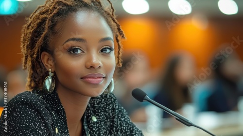 Black woman interpreter at conference with attentive participants in background during daytime.