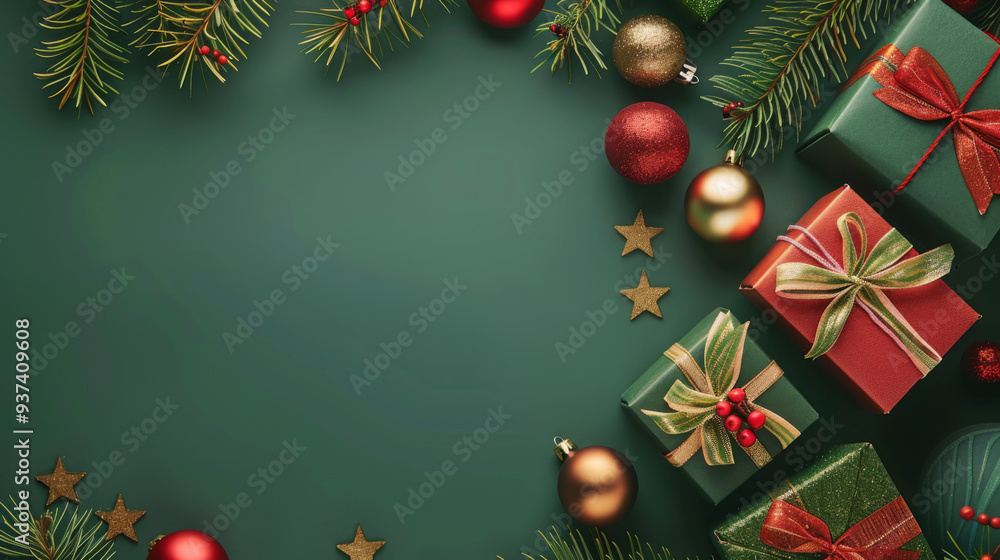 A green background with a bunch of Christmas decorations including a bunch of presents. The presents are in different sizes and colors, and there are also some Christmas ornaments A green background with a bunch of Christmas decorations including a bunch of presents. The presents are in different sizes and colors, and there are also some Christmas ornaments