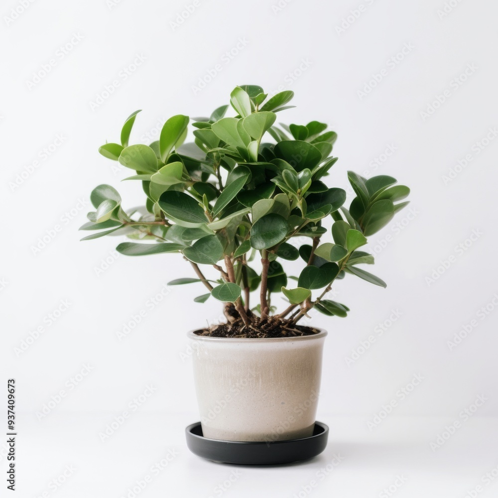 Fototapeta premium Indoor Ficus Plant in Minimalistic Ceramic Pot on White Background - Perfect for Home Decor and Office Spaces