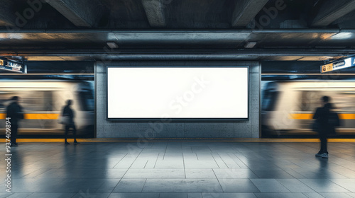 A white billboard is in a subway station with a train passing by. The billboard is empty and the train is moving quickly. The scene is busy with people walking around
