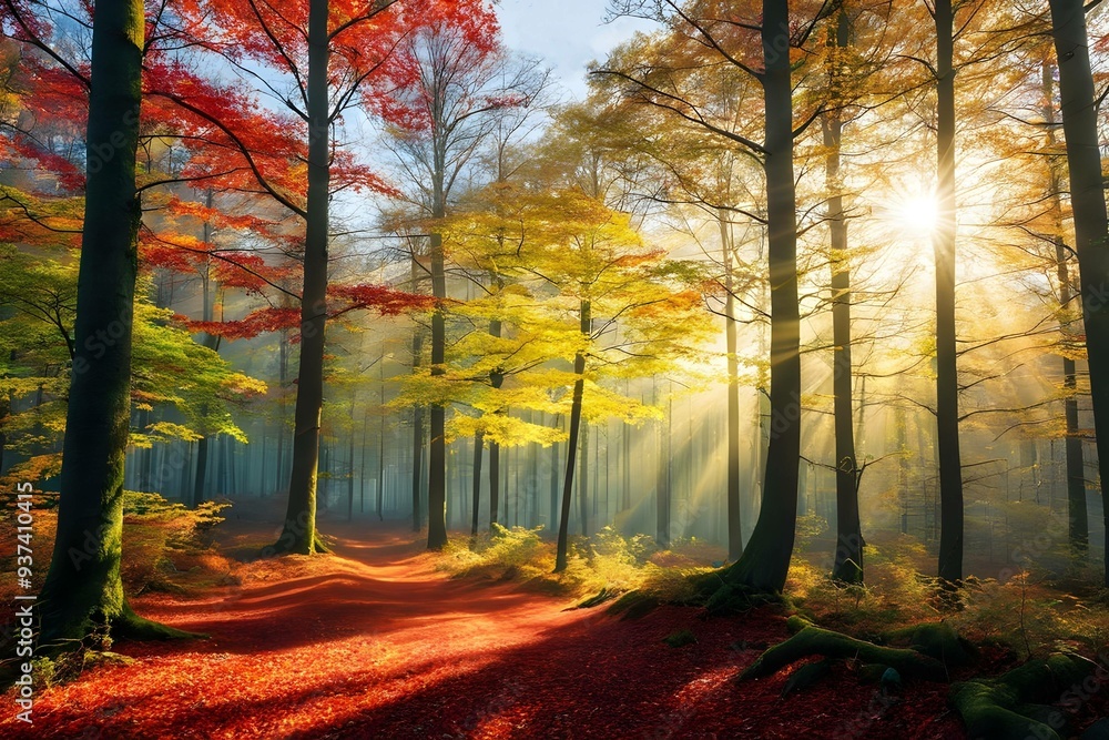Obraz premium Sunrays piercing through vibrant autumn forest with red and yellow foliage, creating a serene and tranquil scene. Ideal for themes like nature, seasons, tranquility and beauty
