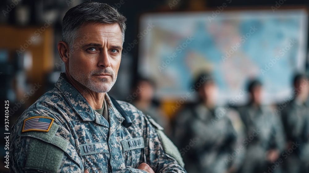 Military officer leading troops in strategic planning room for operation briefing indoors Military officer leading troops in strategic planning room for operation briefing indoors