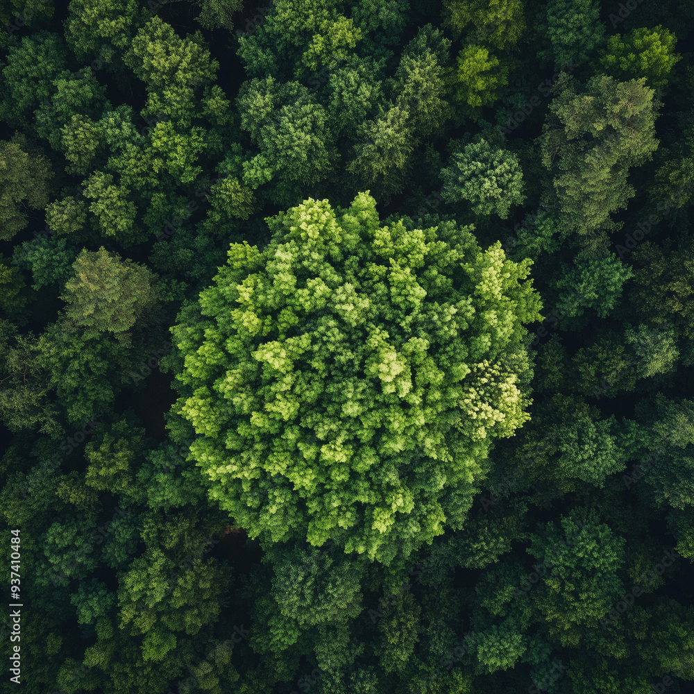 Naklejka premium An aerial photograph of a lush forest, featuring a large tree in the center of the frame. The tree is larger than the surrounding trees and has dark green leaves.