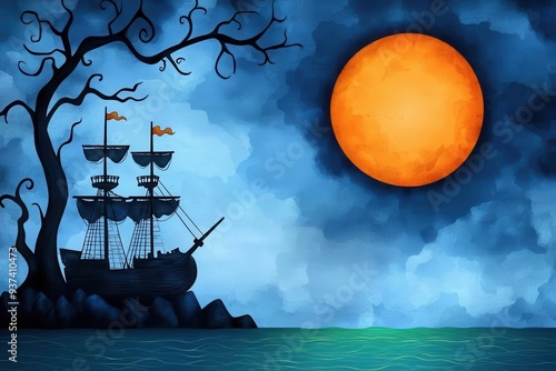 Pirate ship anchored near haunted cliffs, eerie green glow from the water, Watercolor style photo