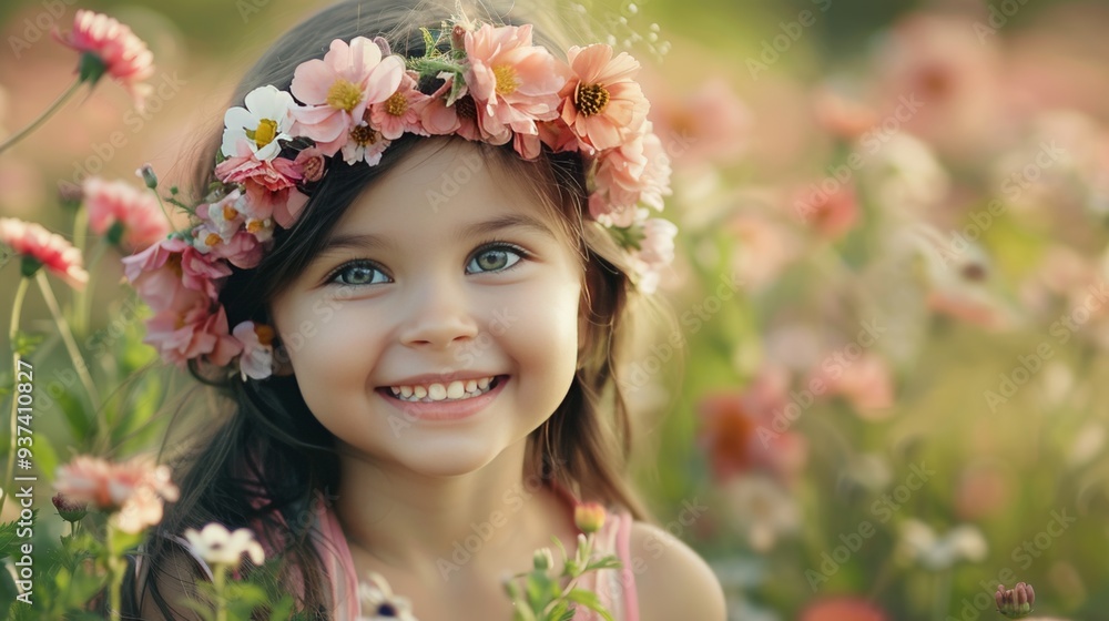 Charming child in flower crown smiles brightly in a vibrant field of blooms under clear skies Charming child in flower crown smiles brightly in a vibrant field of blooms under clear skies