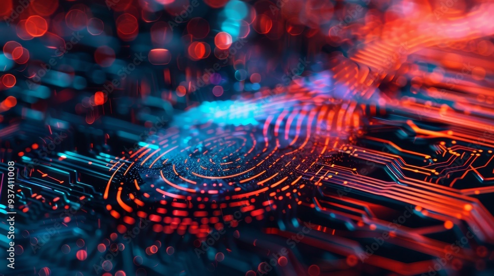 Double exposure of a digital fingerprint and ai circuits representing voice recognition technology Double exposure of a digital fingerprint and ai circuits representing voice recognition technology